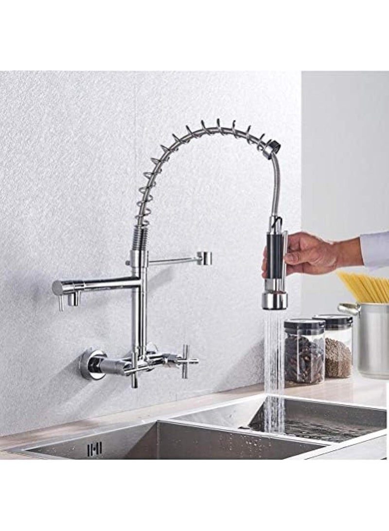 ALMIFTAH Wall Mount Spring Kitchen Faucet, Pull Down Kitchen Sink Mixer Tap with Dual Handle, Hot & Cold Water, Two Swivel Spout Basin Tap for Kitchen Sink - Image 1